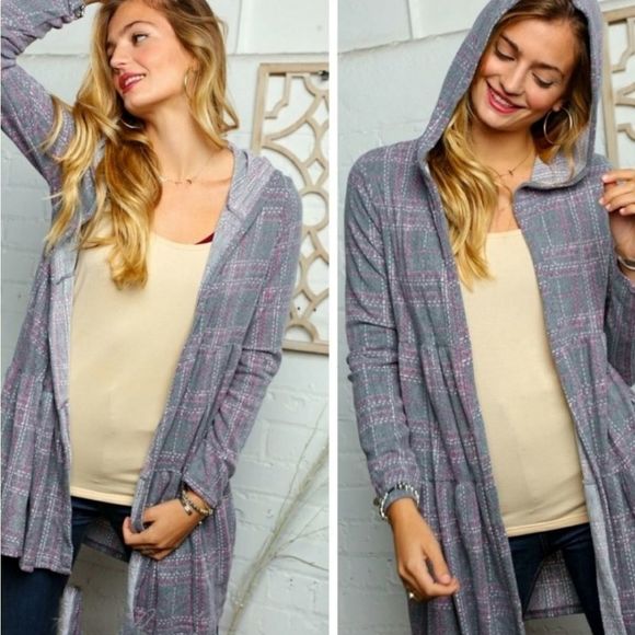 Soft Grey And Pink Plaid Pocketed Cardigan - Picture 1 of 3
